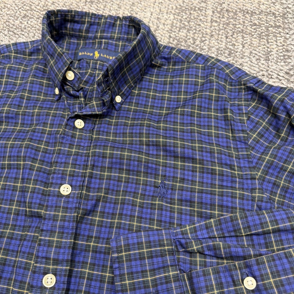 Ralph Lauren Shirt Mens Medium Blue Yellow Oxford Plaid Tartan